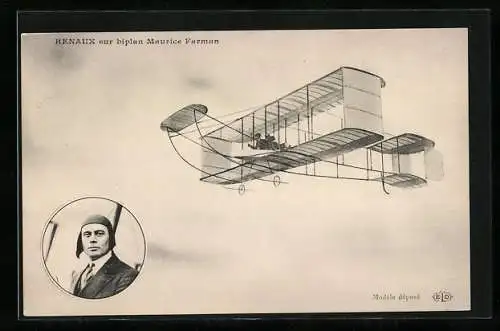 AK Eugène Renaux sur biplan Maurice Farman, Doppeldecker-Flugzeug