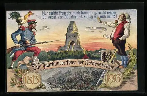 AK Der Deutsche Michel zum Franzosen: Nur sachte Francois, mich kannste gar nicht reizen, Freiheitskriege 1813-1913