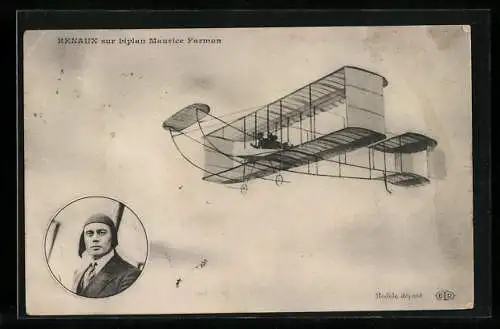 AK Eugène Renaux sur son biplan Maurice Farman, Doppeldecker-Flugzeug