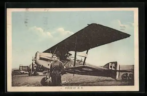 AK Pilot vor dem Doppeldecker-Aufklärungsflugzeug Potez 27