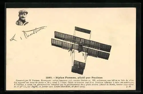 AK Biplan Farman, piloté pas Louis Paulhan, Doppeldecker-Flugzeug