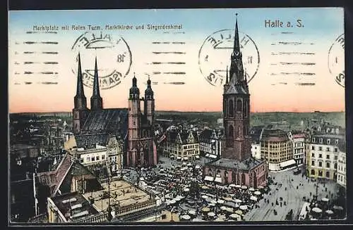 AK Halle a. S., Marktplatz mit Rotem Turm, Marktkirche und Siegerdenkmal