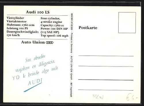 AK Auto Audi 100 LS, Heckansicht, Reklame