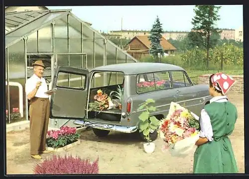 AK Auto Ford Taunus 12 M Kombi, Blumentransport im Floristik-Betrieb, Reklame