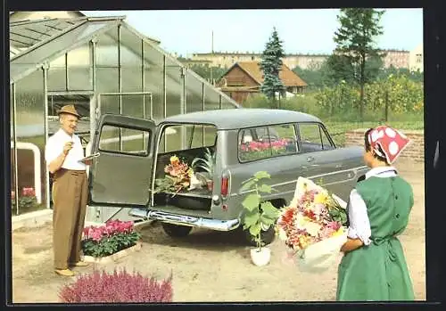 AK Auto Ford Taunus 12 M Kombi, Blumentransport im Floristik-Betrieb, Reklame