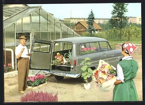 AK Auto Ford Taunus 12 M Kombi, Blumentransport im Floristik-Betrieb, Reklame