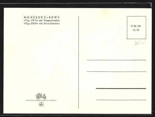 Künstler-AK Auto Mercedes Benz Typ 170 V mit Vergasermotor, Typ 170 D mit Dieselmotor