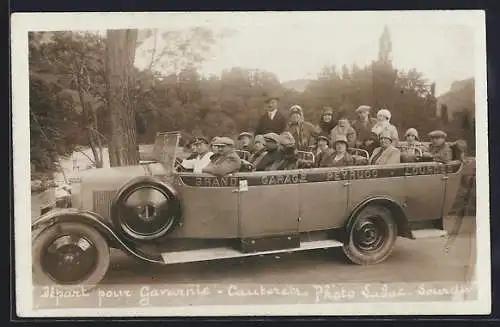 Foto-AK Offener Bus, Grand Garage Peyrucq Lourdes, Reisegruppe