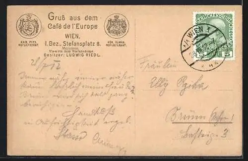 AK Wien, Café de l`Europe, Stefansplatz 8, Bes. Ludwig Riedl