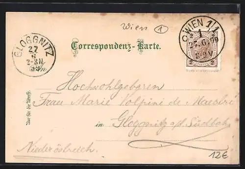 Lithographie Wien, Gasthaus Münchener Löwenbräu Bierhalle, Ortspartie, Wappen, Löwe, Pferdebahn