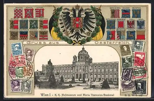 AK Wien, KuK Hofmuseum und Maria Theresien-Denkmal, Passepartout mit Wappen und Briefmarken