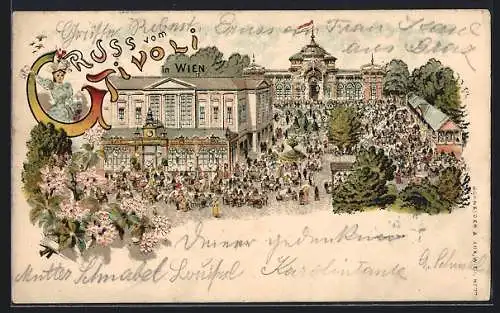 Lithographie Wien, Gasthof Tivoli mit Besuchern