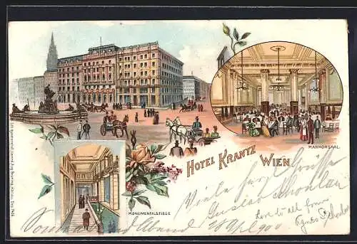 Lithographie Wien, Hotel Krantz, Marmorsaal und Monumentalstiege