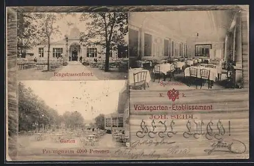 AK Wien, Restaurant KuK Volksgarten-Etablissement, Joh. Seidl, Ringstrassenfront, Garten, Speisesaal