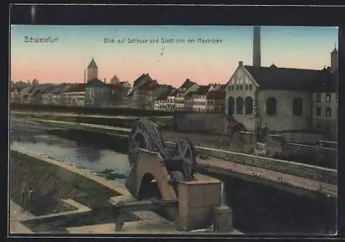 AK Schweinfurt, Blick auf Schleuse und Stadt von der Maxbrücke