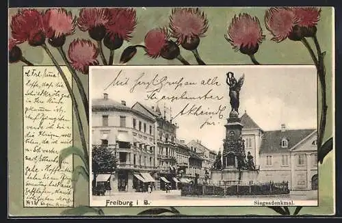 Künstler-AK Freiburg i. B., Partie am Siegesdenkmal, Rote Kornblumen