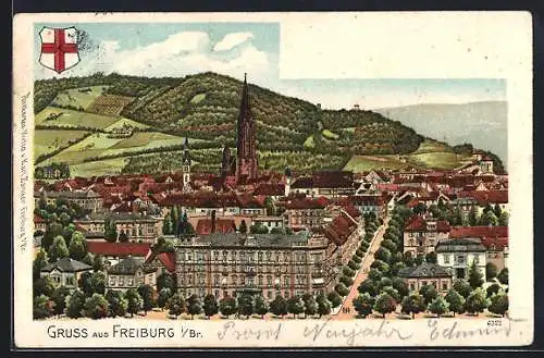 Lithographie Freiburg i. B., Ortsansicht mit Landschaftsblick, Wappen