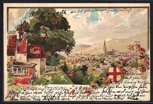 Künstler-Lithographie Freiburg / Breisgau, Blick auf den Ort und Wappen