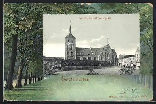 AK Eschweiler, Kath. Kirche und Marktplatz, Wald-Passepartout