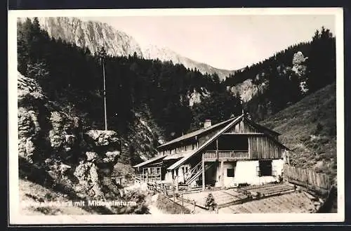 AK Aflenz, Das Alpengasthaus Schwabenbartl mit Mittenalmturm