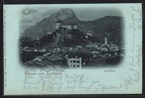 Mondschein-AK Kufstein, Stadtpanorama mit Festung