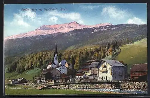 AK Sölden, Ortsansicht mit Brücke und Kirche