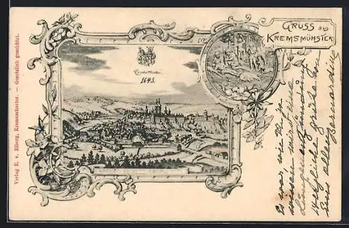 Künstler-AK Kremsmünster, Historische Stadtansicht aus dem Jahr 1643