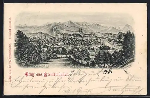 Künstler-AK Kremsmünster, Ortsansicht mit Stift und dem Hochgebirge