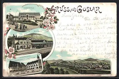 Lithographie Goslar, Bahnhof, Kaiserpfalz, Marktplatz mit Rathaus, Gesamtansicht