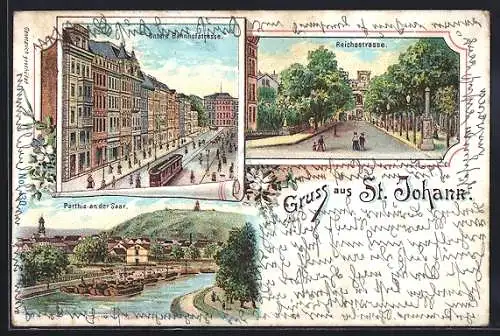 Lithographie Saarbrücken-St. Johann, untere Bahnhofstrasse mit Strassenbahn, Reichsstrasse und Saarpartie