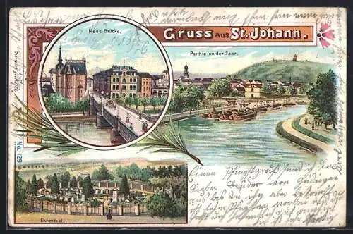 Lithographie Sankt Johann / Saar, Partie an der Saar, Neue Brücke, Ehrental