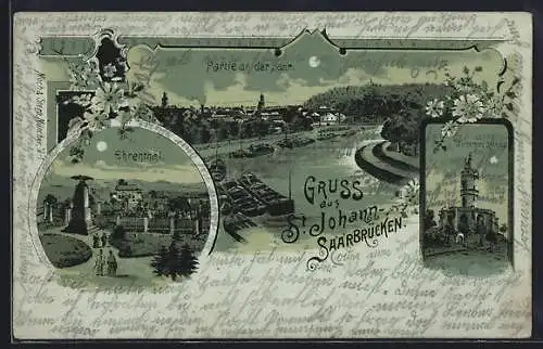 Mondschein-Lithographie St. Johann-Saarbrücken, Ehrenthal, Winterbergdenkmal, Partie an der Saar