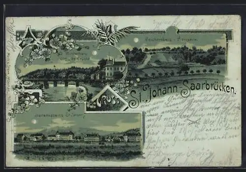 Mondschein-Lithographie St. Johann-Saarbrücken, Ulanenkaserne, Winterberg und alte Brücke, Spichernberg