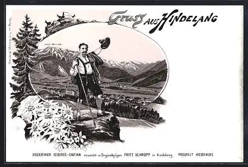 Lithographie Hindelang, Bergpanorama mit Mann in Tracht