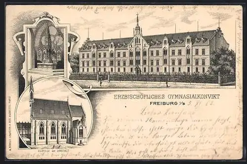 Lithographie Freiburg i. B., Erzbischöfliches Gymnasialkonvikt, Kapelle der Anstalt, Innenansicht