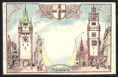 Lithographie Freiburg i. Br., Das Martinsthor und das Schwabenthor mit Wappen