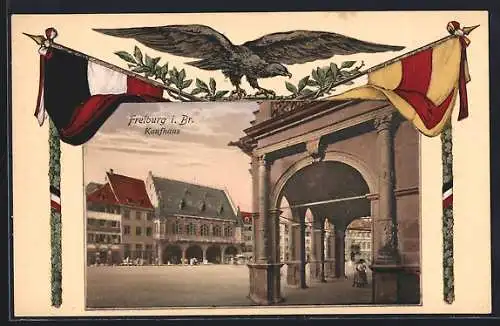 AK Freiburg i. Br., Kaufhaus in Passepartout mit Adler und Reichsfahne