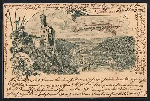 Lithographie Honau / Württ., Schloss Lichtenstein mit Blick ins Tal