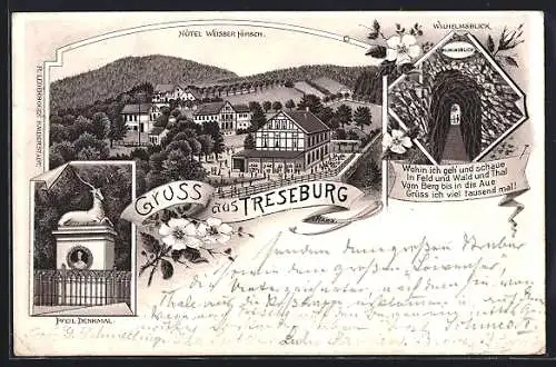 Lithographie Treseburg i. Harz, Hotel Weiser Hirsch, Wilhelmsblick, Pfeil-Denkmal