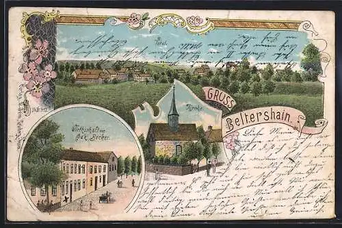 Lithographie Beltershain, Restaurant von Max Becker, Kirche, Totalansicht