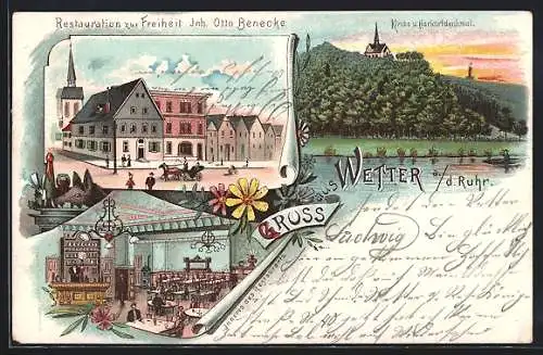 Lithographie Wetter a. d. Ruhr, Restaurant zur Freiheit, Inh. Otto Benecke, Kirche und Harkortdenkmal