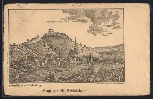 Lithographie Reichelsheim / Odenwald, Historische Stadtansicht mit Reichenberg