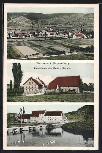 AK Westheim / Hammelburg, Kunstmühle von Markus Eberlein, Panoramablick auf den Ort