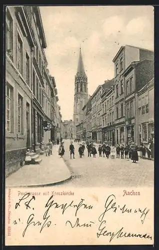 AK Aachen, Pontstrasse mit Kreuzkirche, Kindergruppe