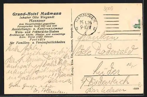 AK Hannover, Grand Hotel Mussmann O. Wiegand, Ernst-August-Platz 7, mit Strasse