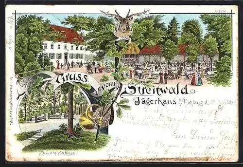 Lithographie Streitwald b. Frohburg, Ansicht vom Gasthof Jägerhaus und altem Schloss