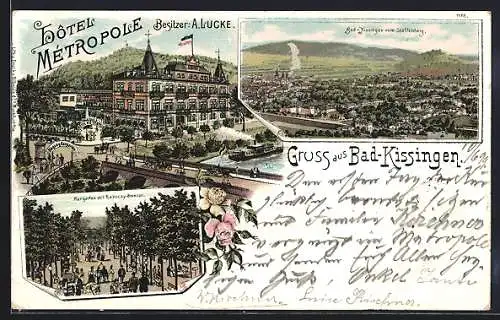 Lithographie Bad Kissingen, Hotel Metropole A. Lucke mit Umgebung, Kurgarten mit Rakoczy-Brunnen, Gesamtansicht