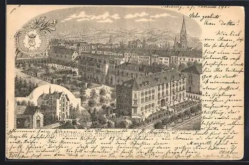 Lithographie Freiburg i. B., Katholisches Institut aus der Vogelschau, Wappen