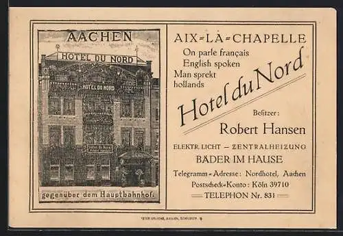 AK Aachen, Hotel du Nord R. Hansen, Fassade