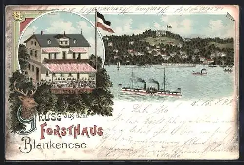 Lithographie Hamburg-Blankenese, Gasthaus Forsthaus, Teilansicht mit Dampfer